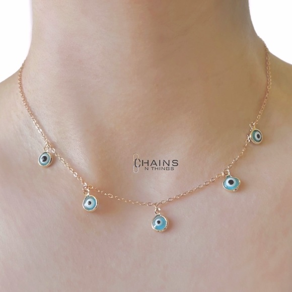 Blue Eyes Necklace gold plated no fade 16" cable chain colorful boho Turkish eye - Picture 1 of 4